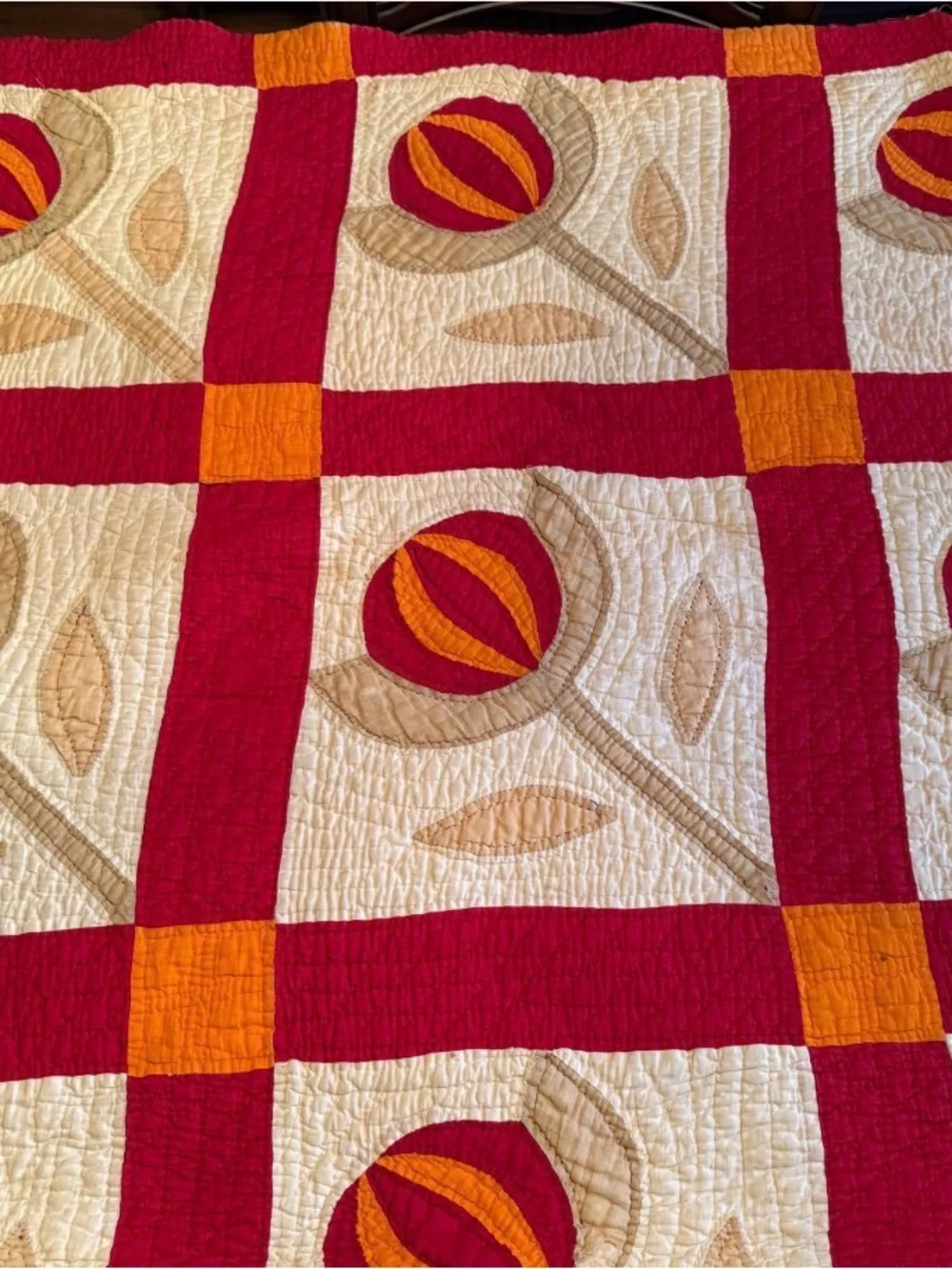 Antique Love Apple Patchwork Quilt in Red, Orange, Cream c 1850